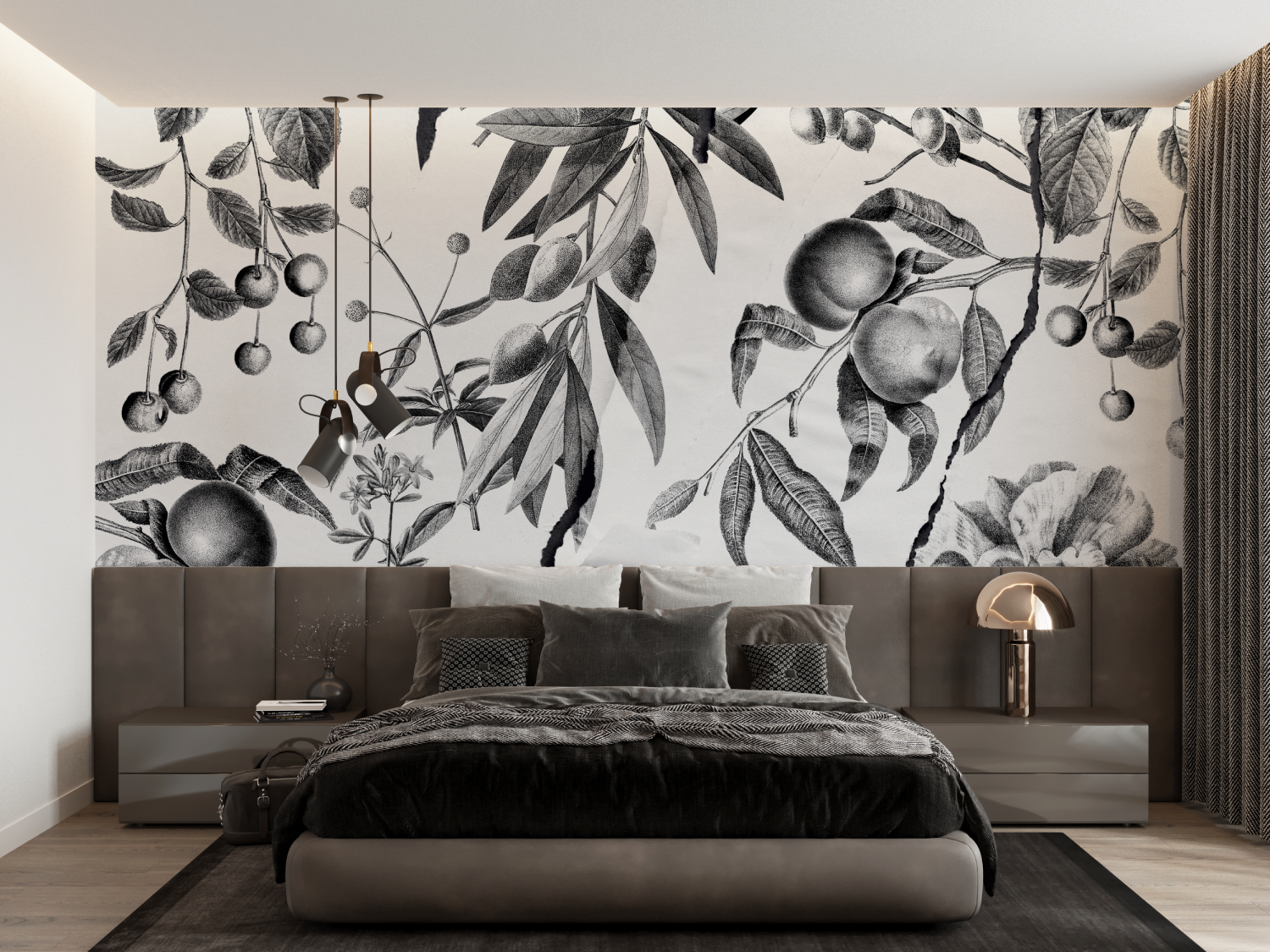 Papier Peint Toile De Jouy Design Noir Blanc - trompe l'oeil