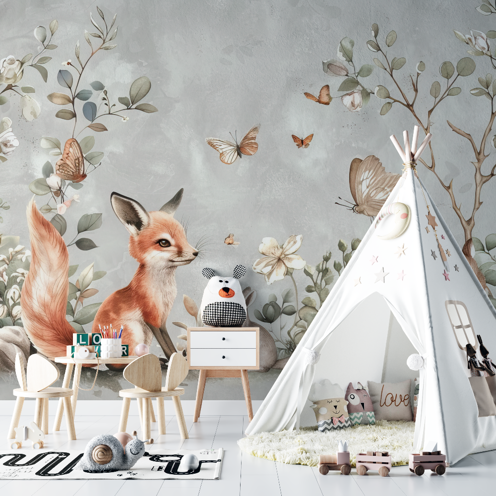 Papier peint renard et fleurs sauvages chambre bebe