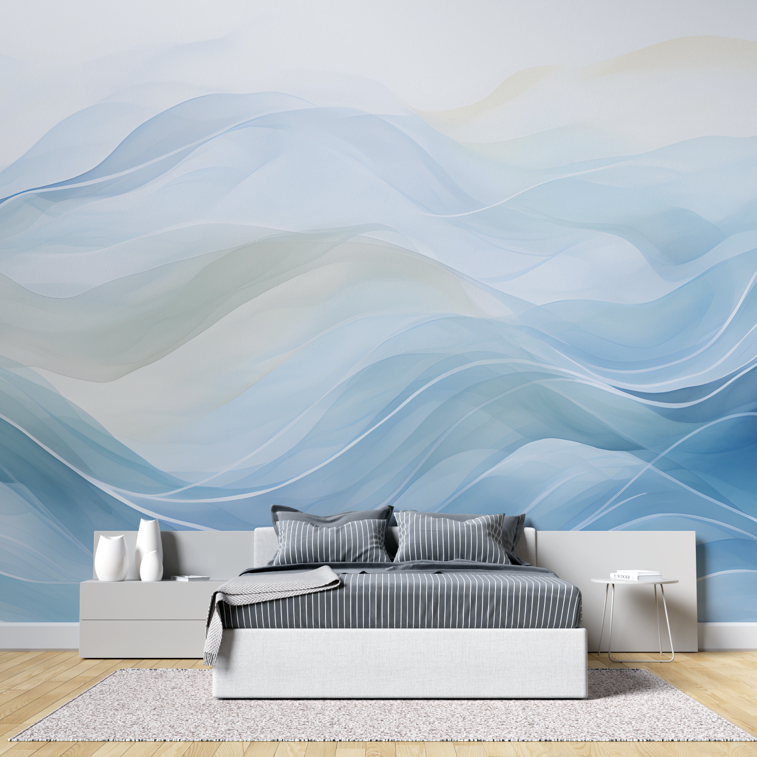 Papier peint aquarelle vague bleu tete de lit