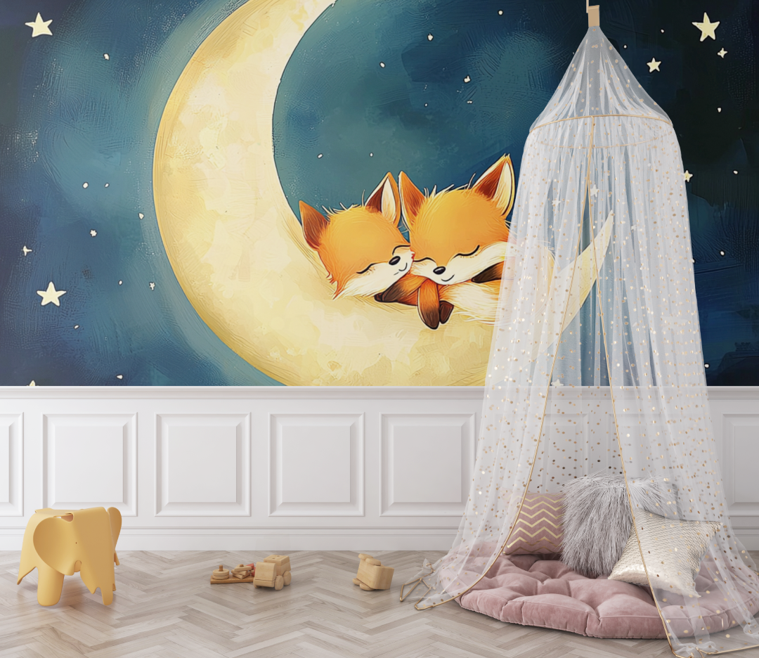 Papier peint renard endormi bleu fonce bebe