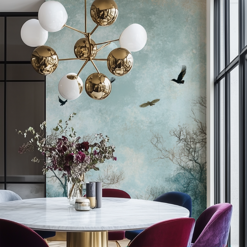 Papier peint arbre oiseaux salon chaise