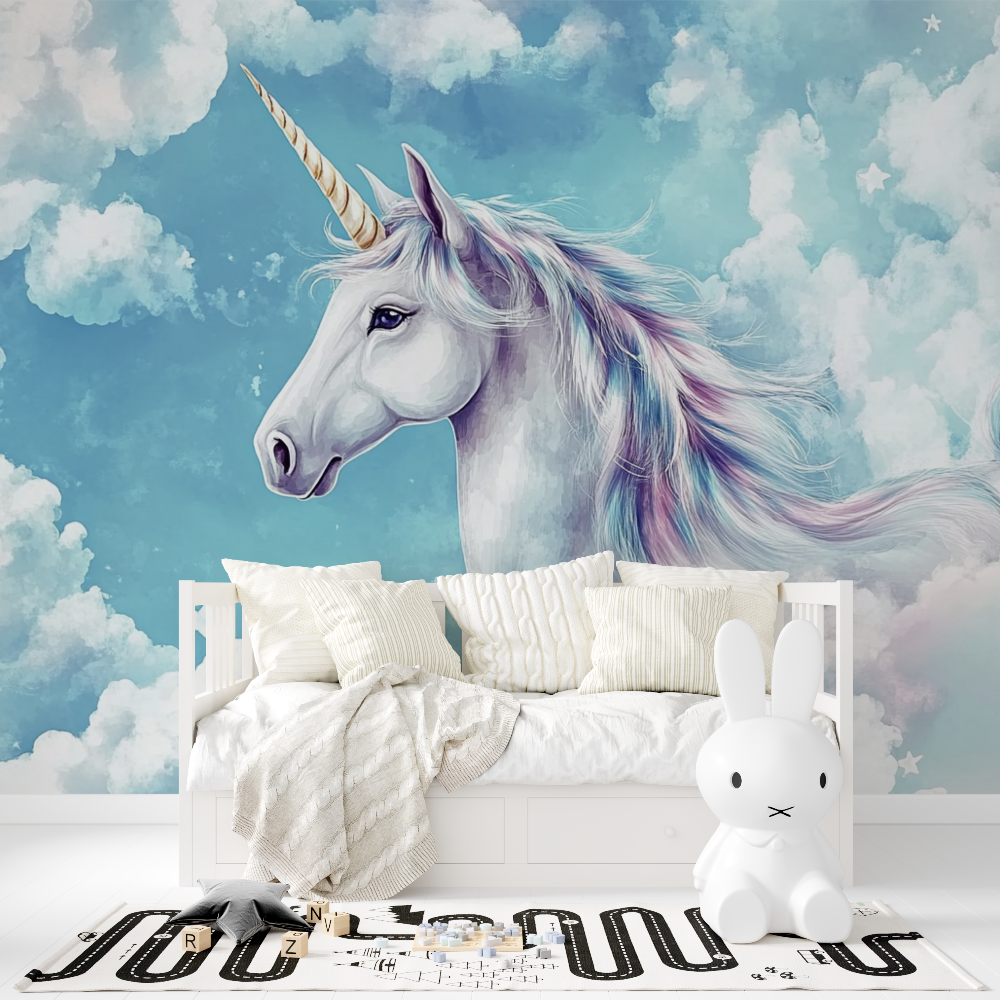 Papier peint licorne ciel bleu amoureux tapisserie fille