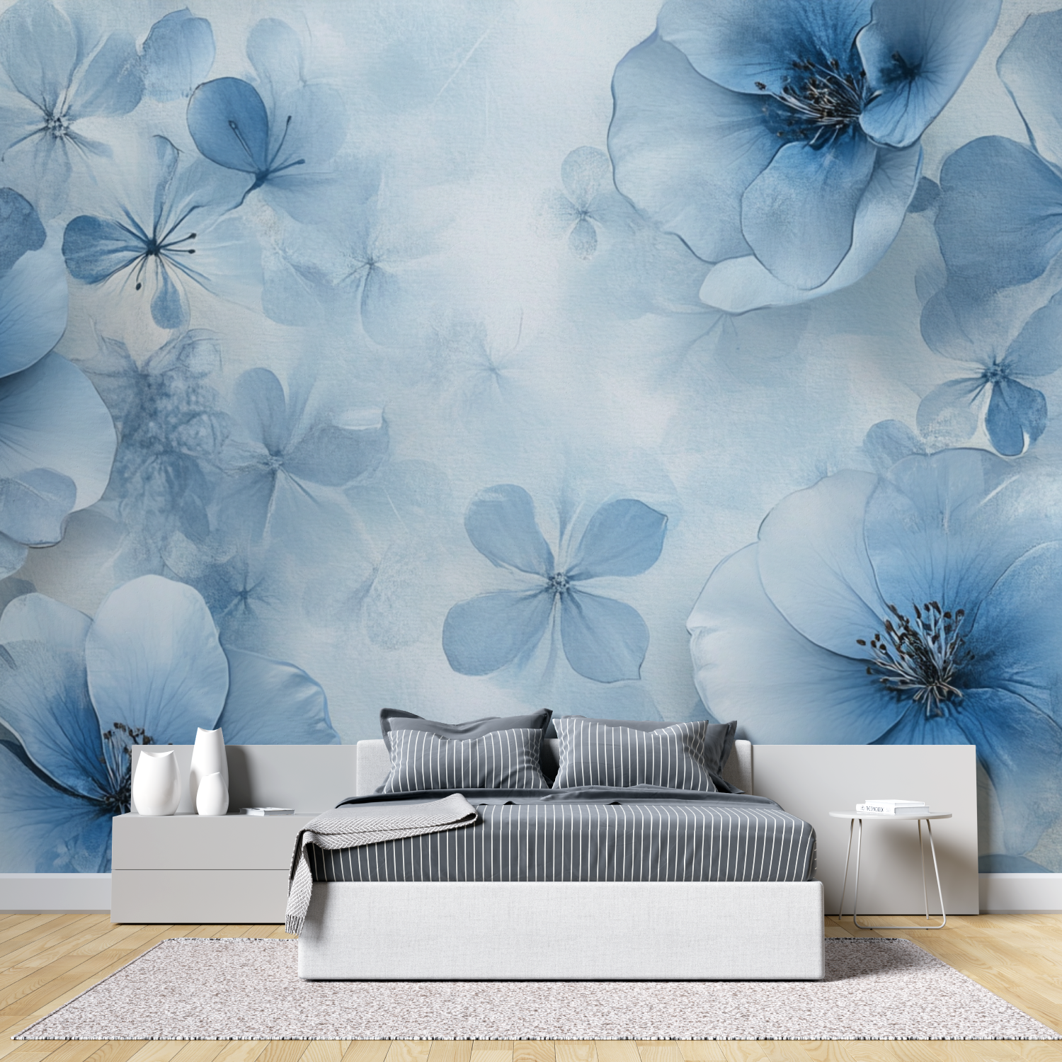 Papier peint aquarelle fleurs bleues flottantes tete de lit