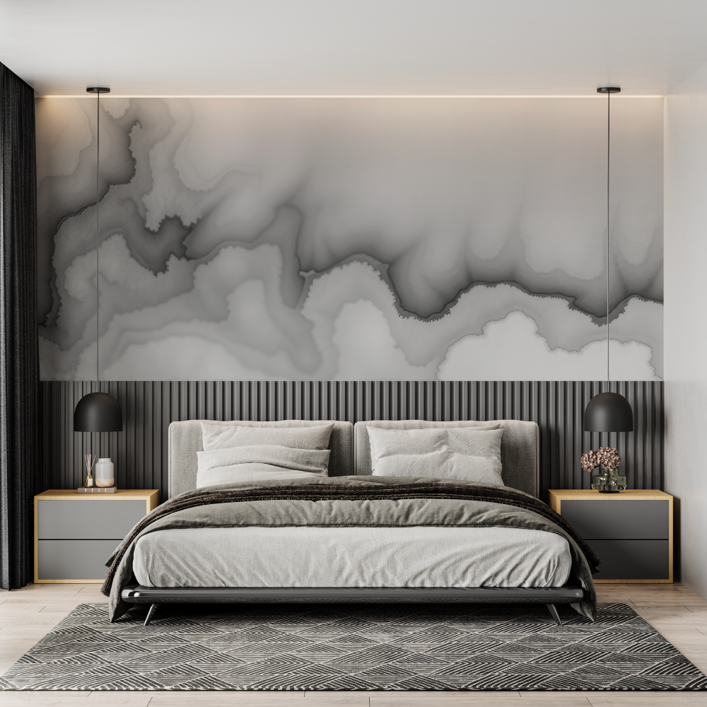 Papier peint aquarelle nuages noir et blanc chambre adulte