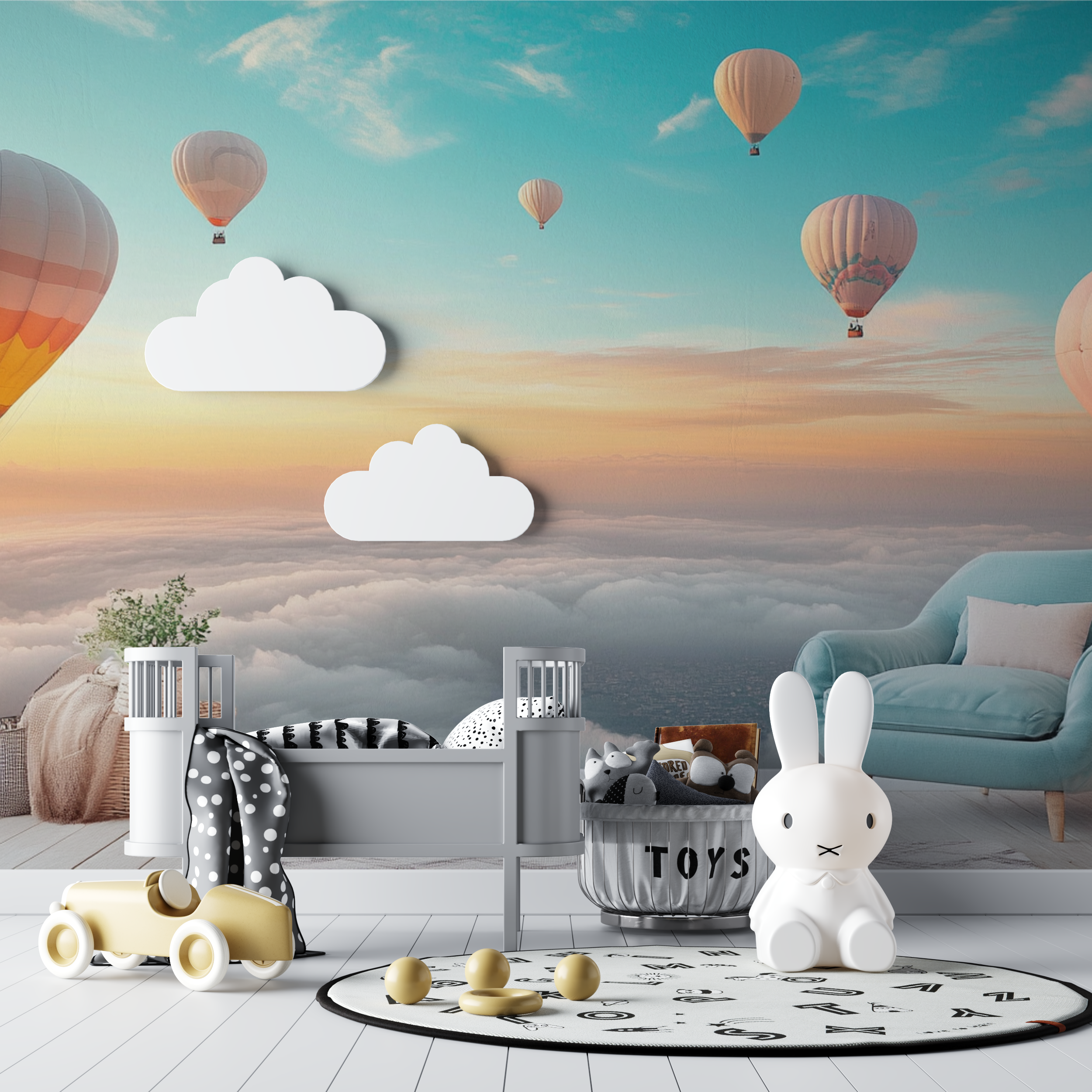 Papier peint montgolfiere et ci...inee ensoleillee bebe tipi