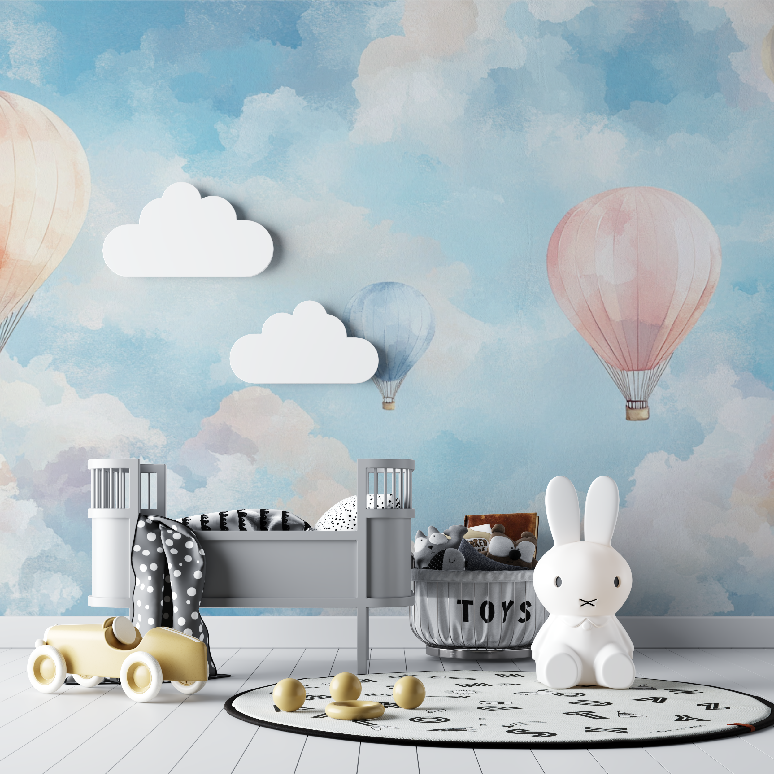 Papier peint montgolfiere et nuages en aquarelle bebe tipi