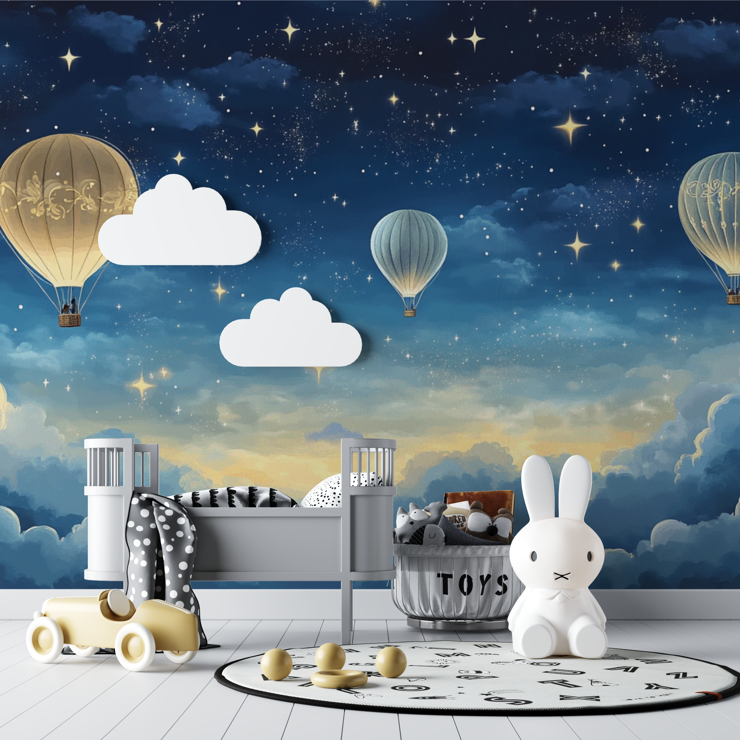 Papier peint montgolfiere et ciel de nuit etoile bebe tipi