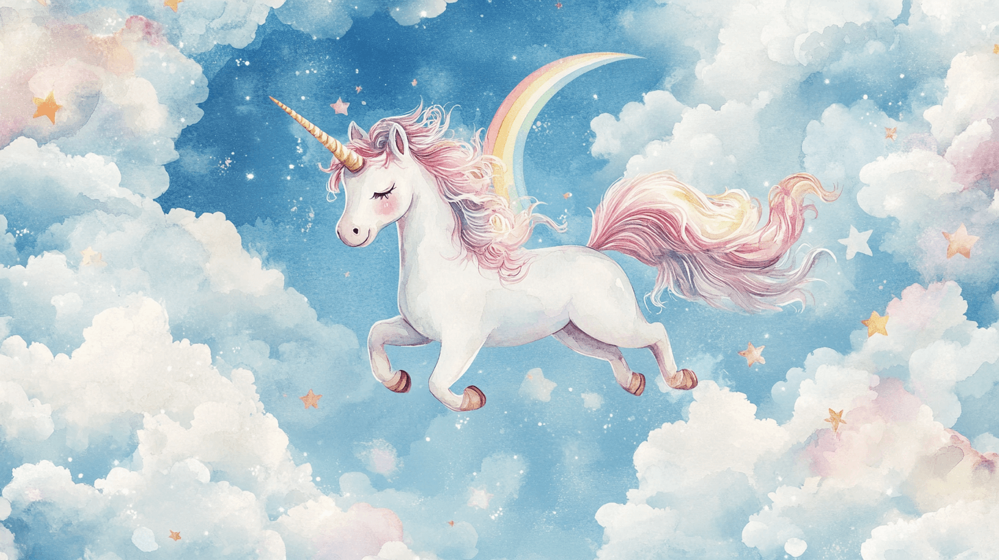 Papier Peint Décoration Licorne Pour Chambre Garçon Arc-En-Ciel Et Ciel Bleu