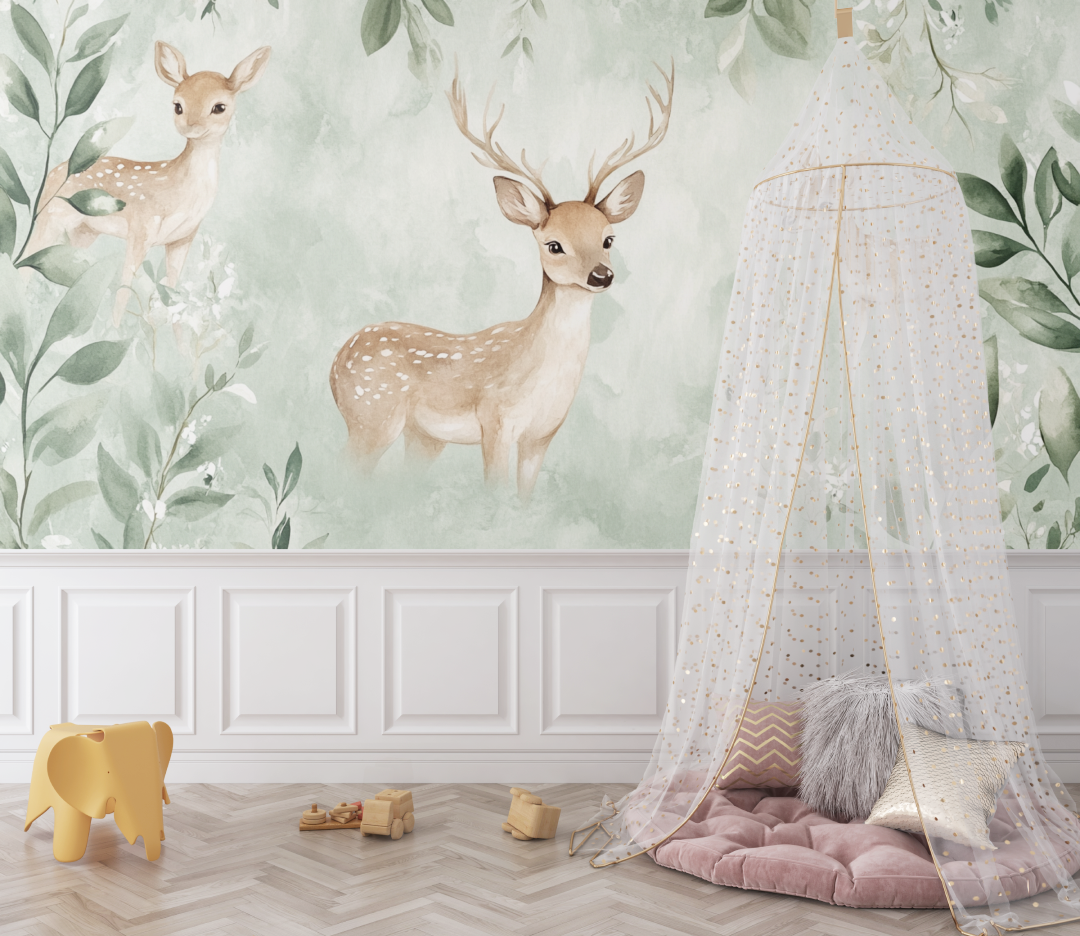 Papier peint vert doux et cerf bebe
