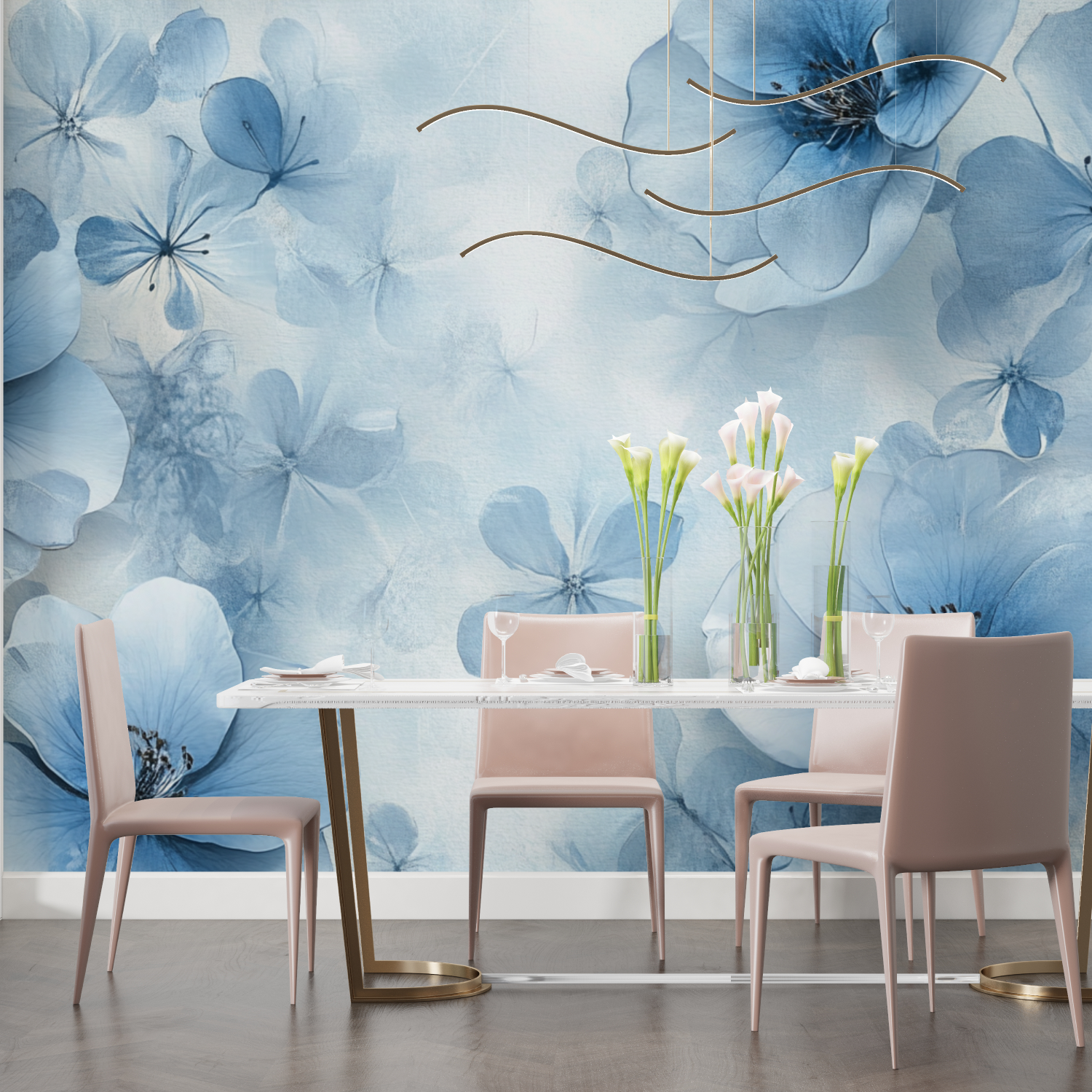 Papier peint aquarelle fleurs bleues flottantes salon