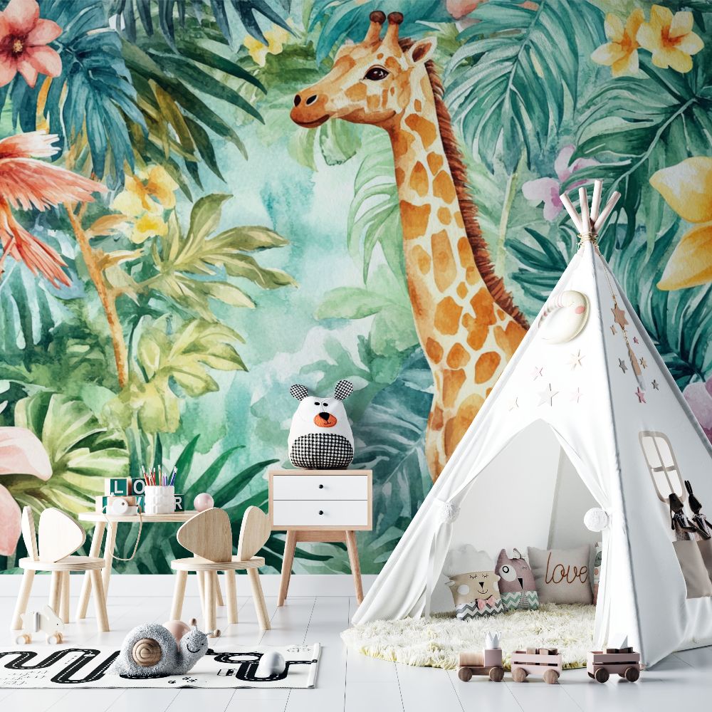 Papier peint animaux arc en ciel et jungle chambre bebe