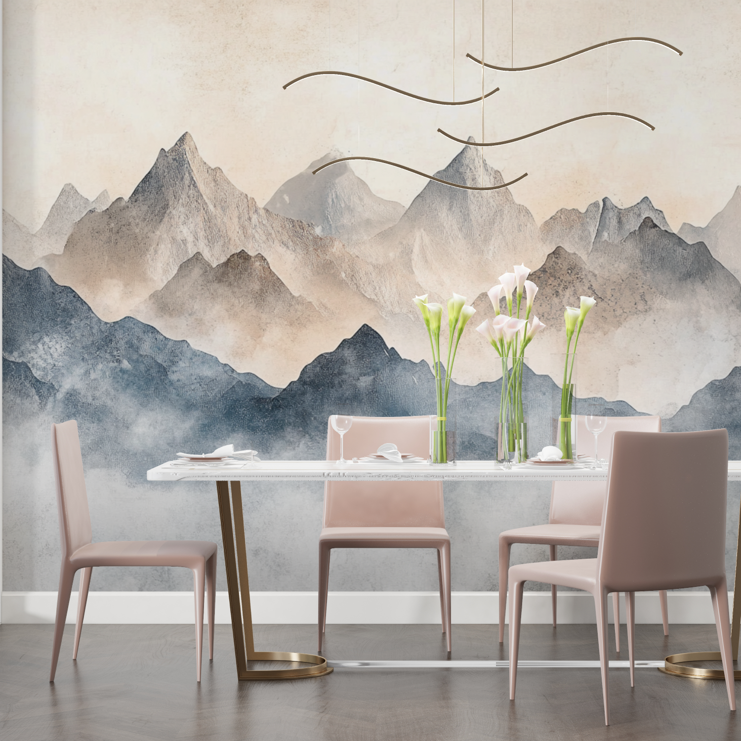 Papier peint aquarelle paysage montagne douce salon