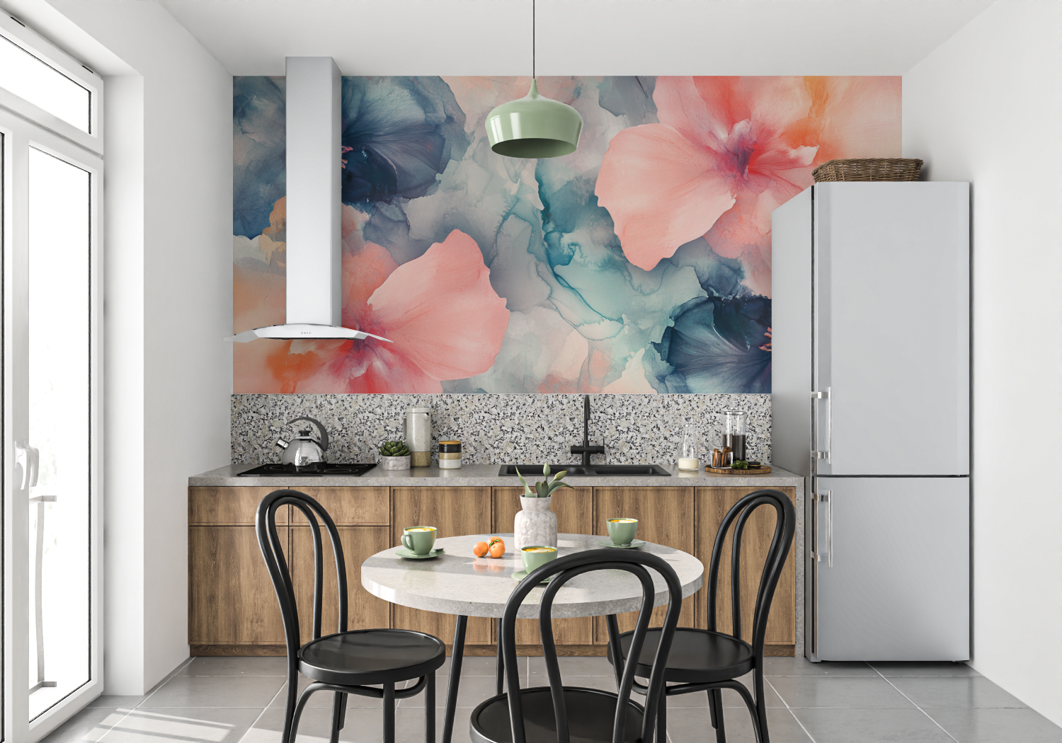Papier peint aquarelle petales ...its et fluides mur cuisine