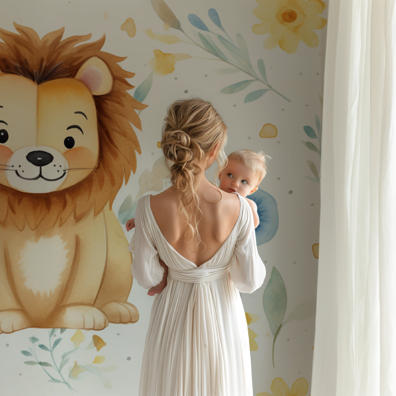 Papier peint lion et motifs minimalistes bb123