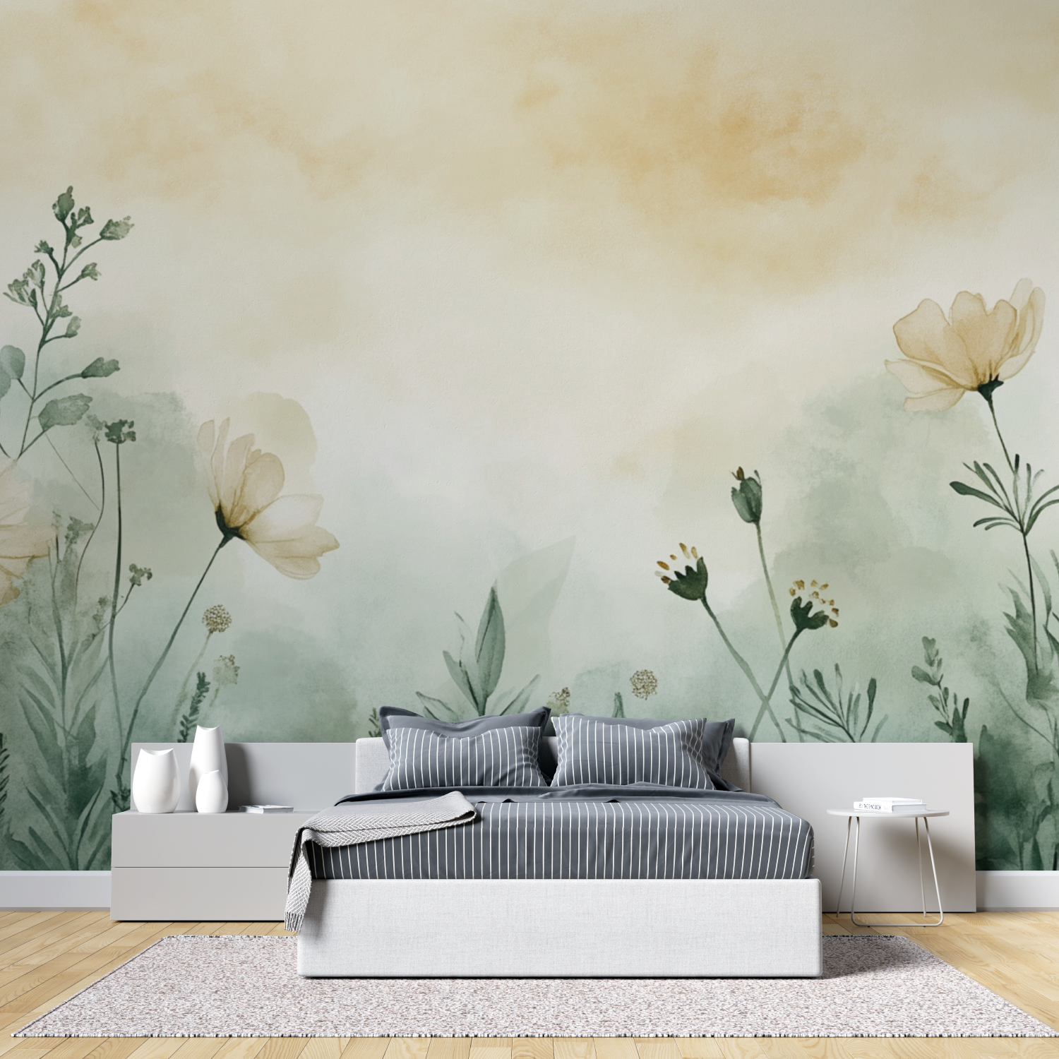Papier peint aquarelle silhouet...ntes delicates tete de lit