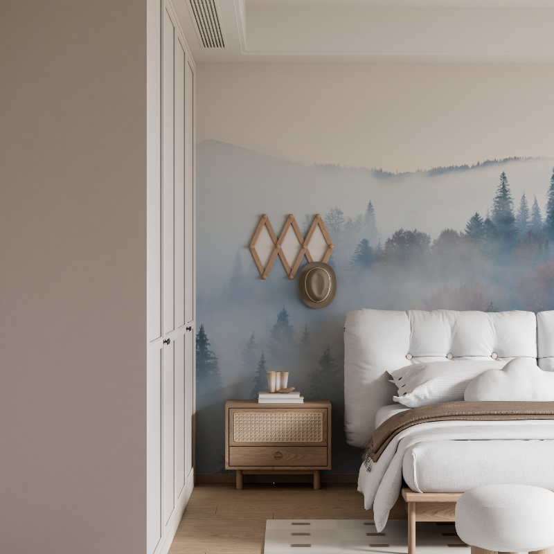 Papier peint aquarelle foret embrumee mural