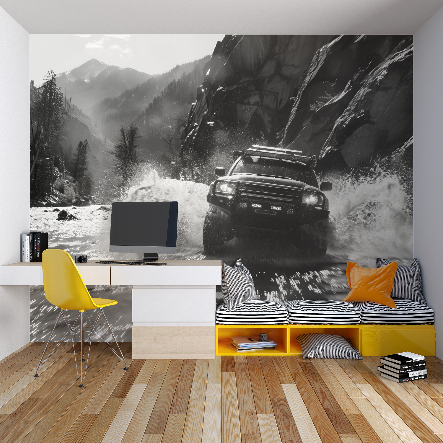 Papier peint noir et blanc voit...e rally chambre garcon lit