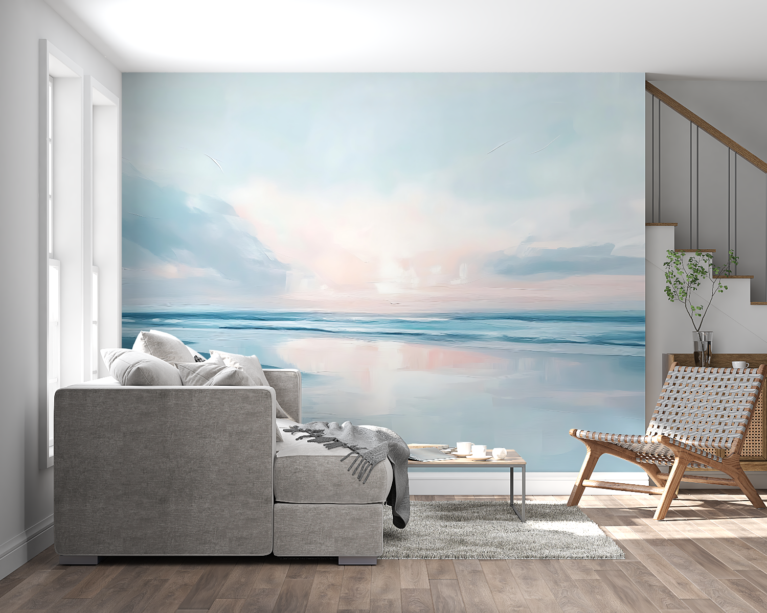 Papier peint aquarelle mer trompe l_oeil panoramique mural