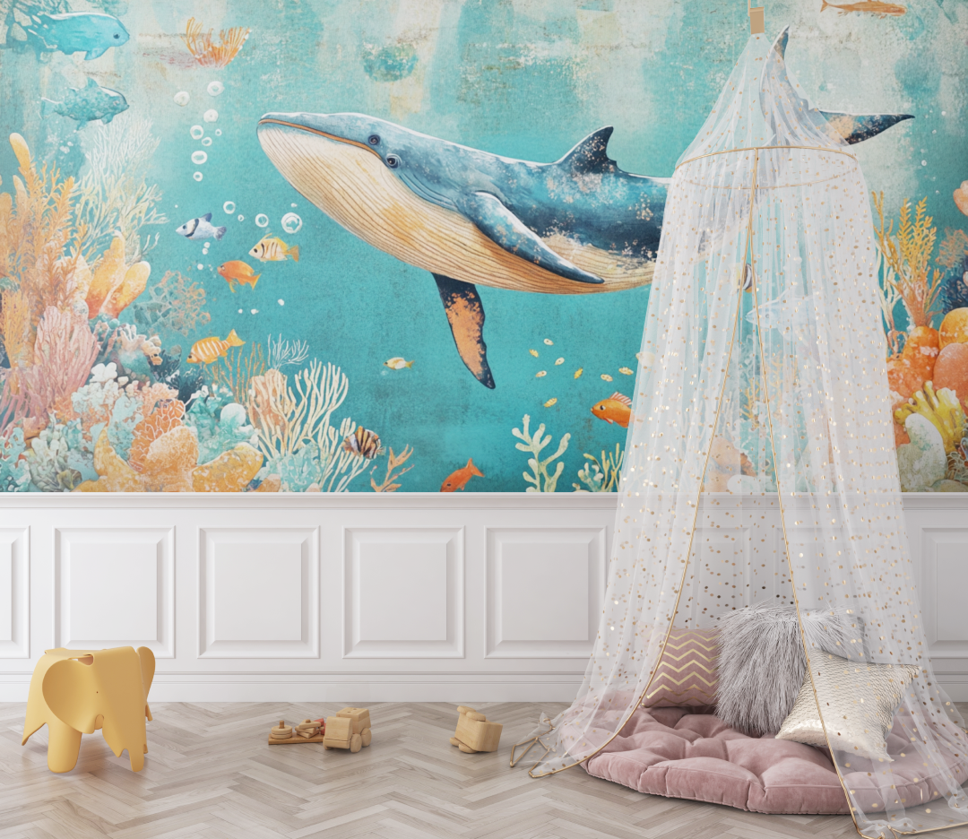 Papier peint baleine et corail bebe