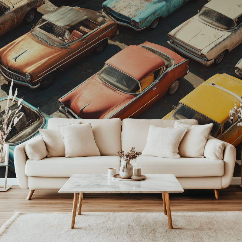 Papier peint vintage voiture trompe loeil canape simple