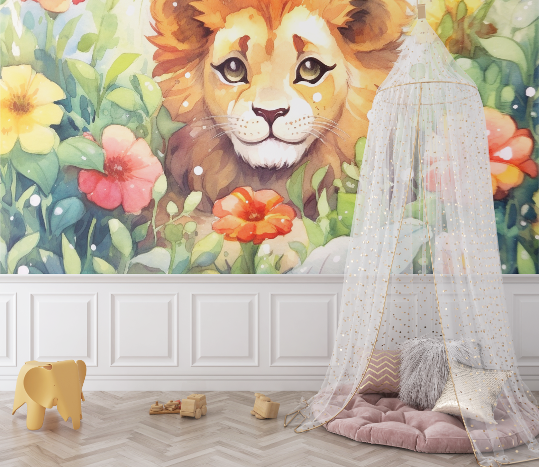Papier peint lion et feuillage aquarelle bebe