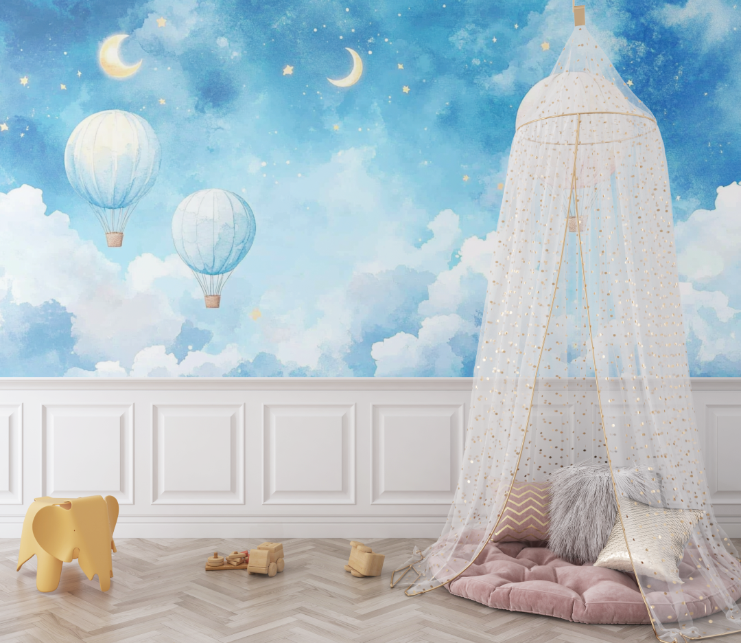 Papier peint montgolfiere et ciel de nuit avec lune bebe