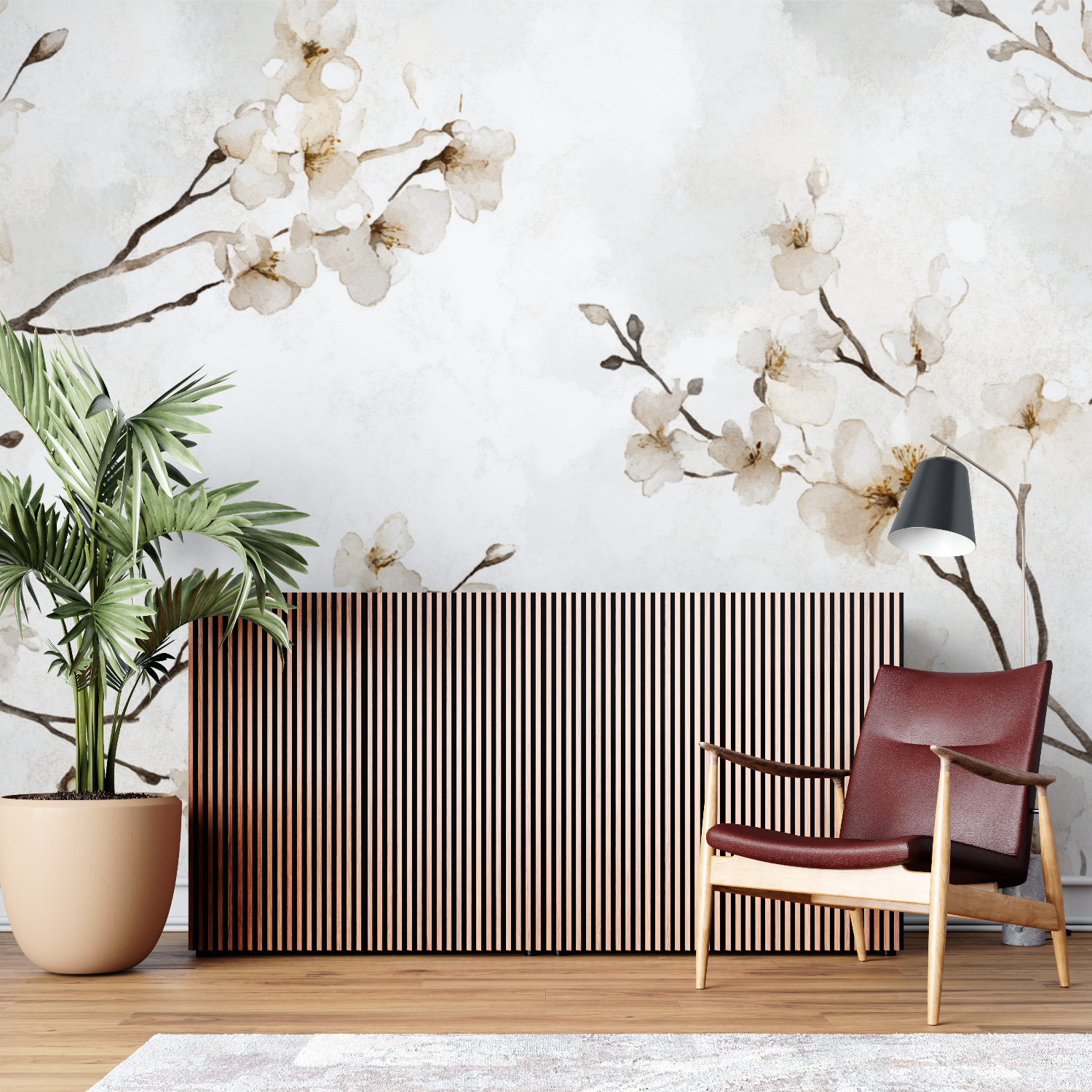 Papier peint aquarelle branches fleuries tendance sur mesure