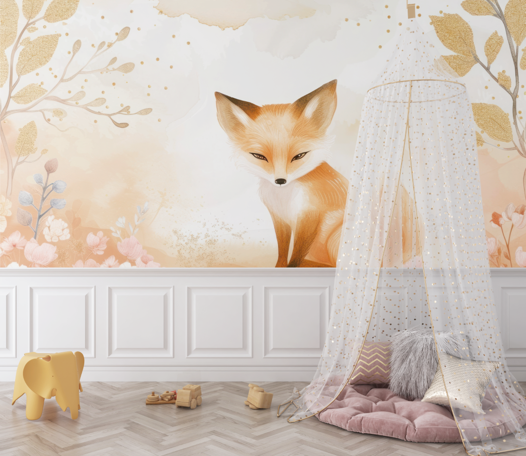 Papier peint renard floral panoramique bebe