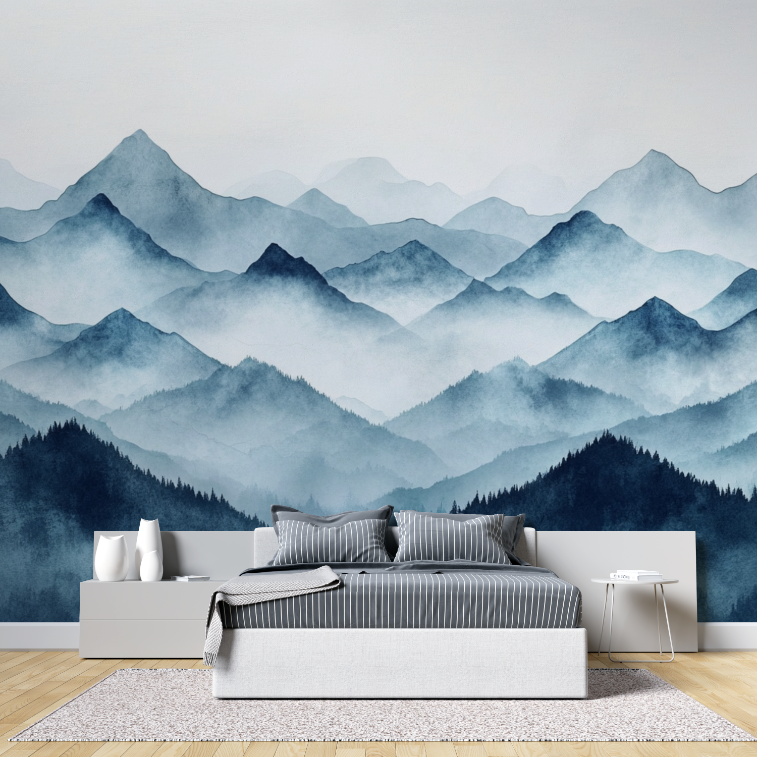 Papier peint aquarelle paysage montagne tete de lit