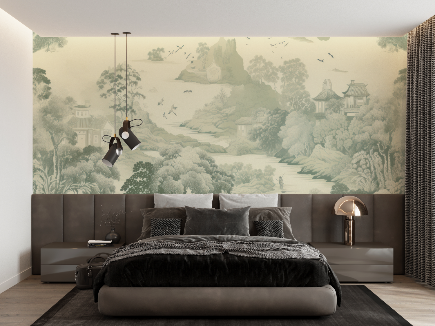 Papier Peint Toile De Jouy Forêt Verte - trompe l'oeil