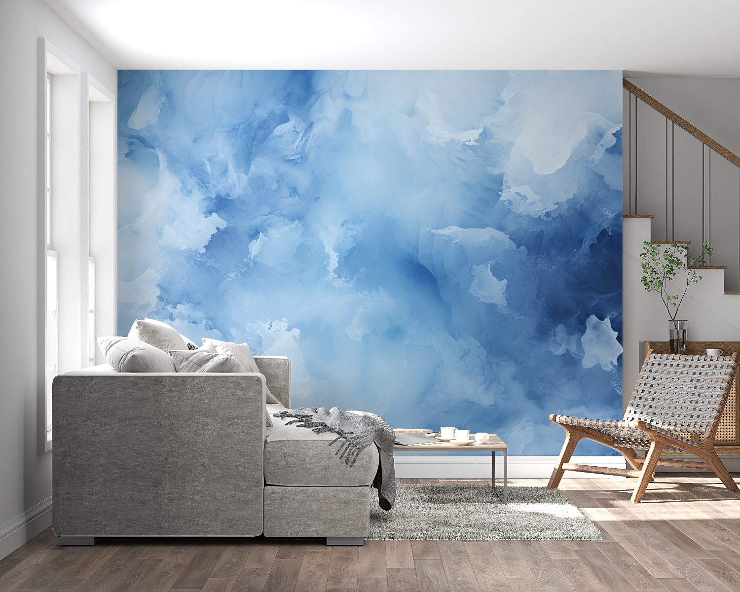 Papier peint aquarelle nuances bleues panoramique mural