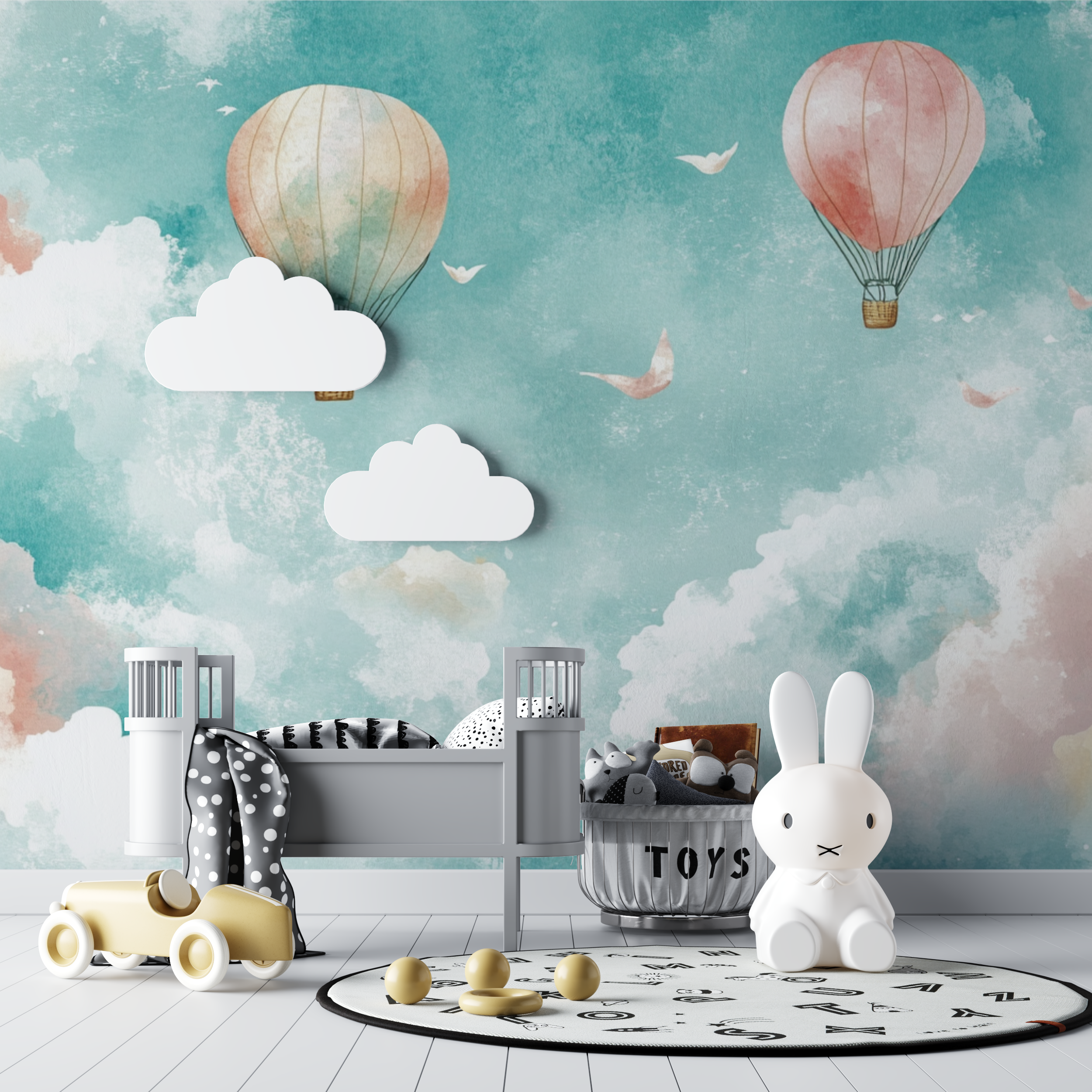 Papier peint montgolfiere et paysages oniriques bebe tipi