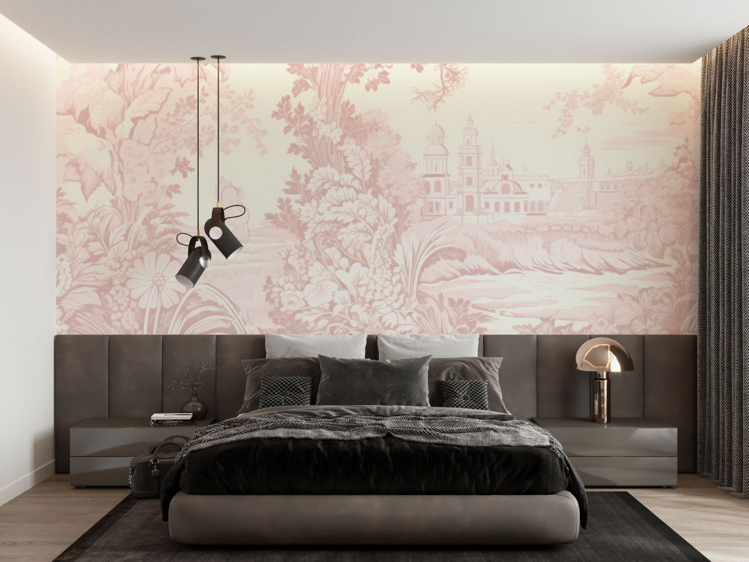 Papier Peint Toile De Jouy Rose - trompe l'oeil