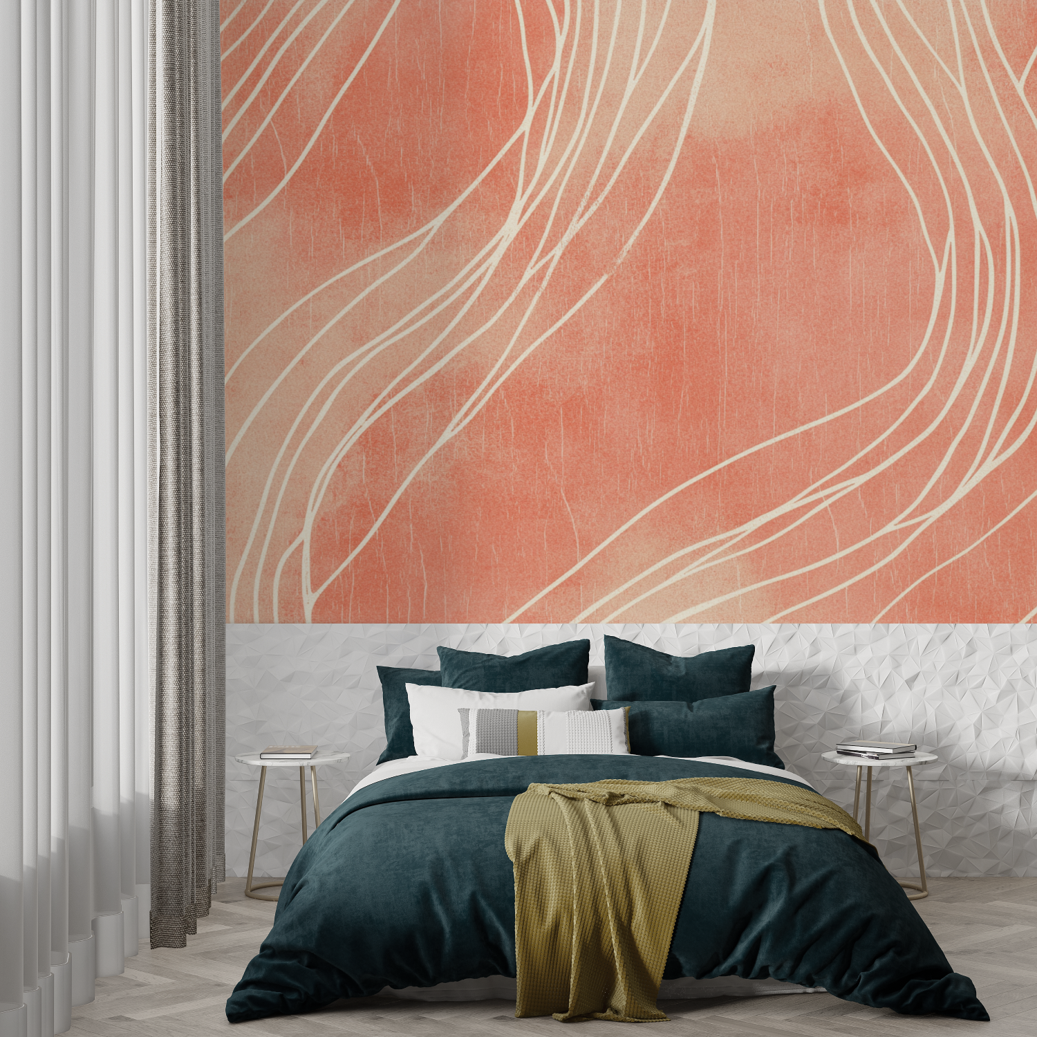 Papier peint terracotta et beige lineaire trompe loeil