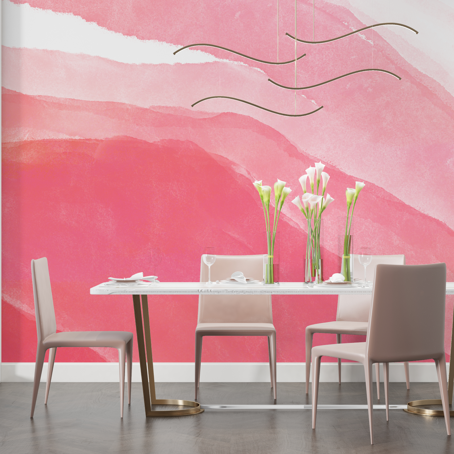 Papier peint aquarelle rose fonce salon