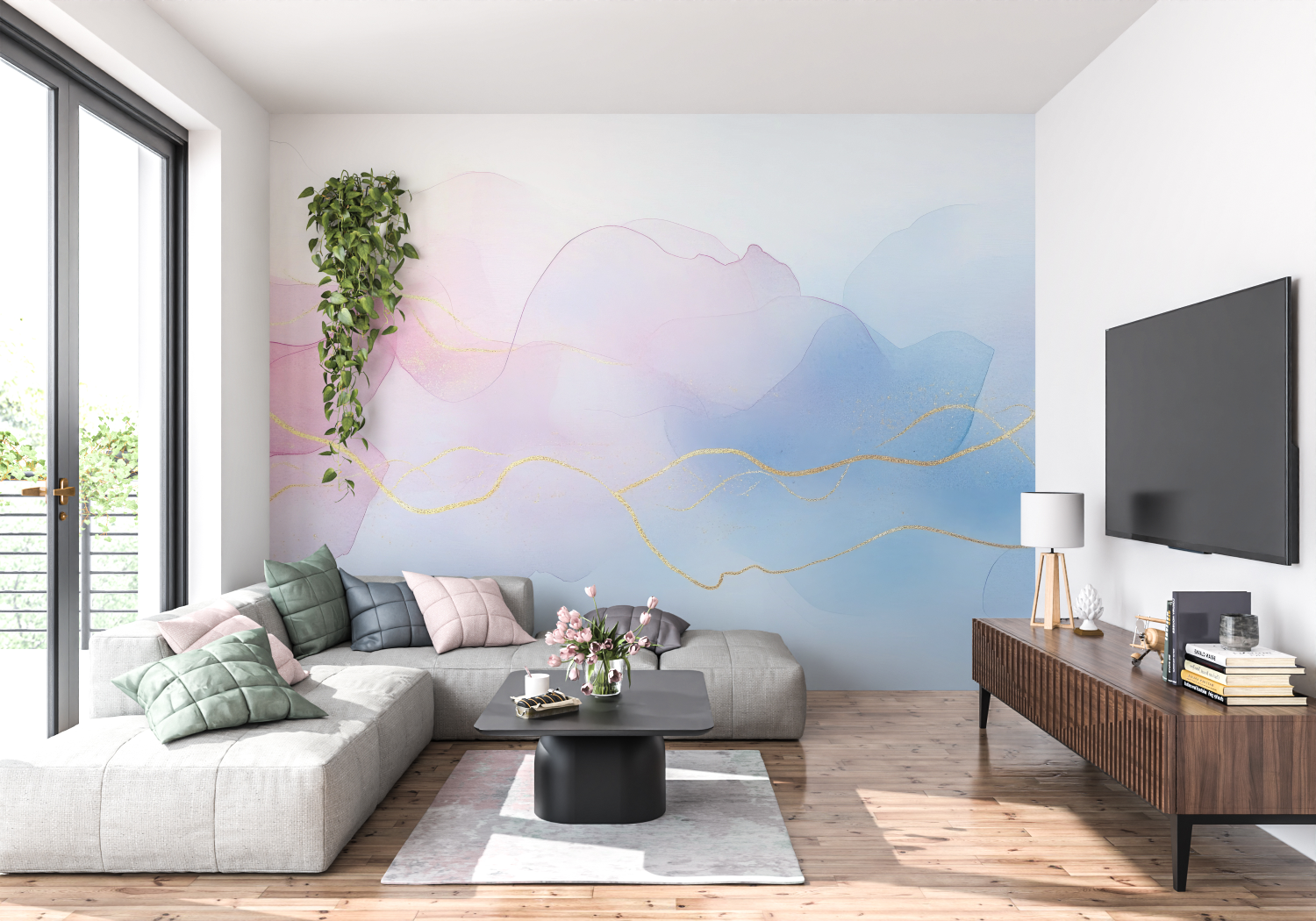 Papier peint aquarelle rose doree panoramique 4murs