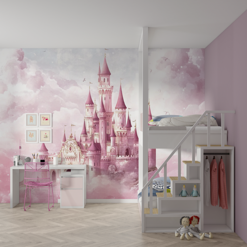 Papier peint princesse chateau rose mur chambre fille