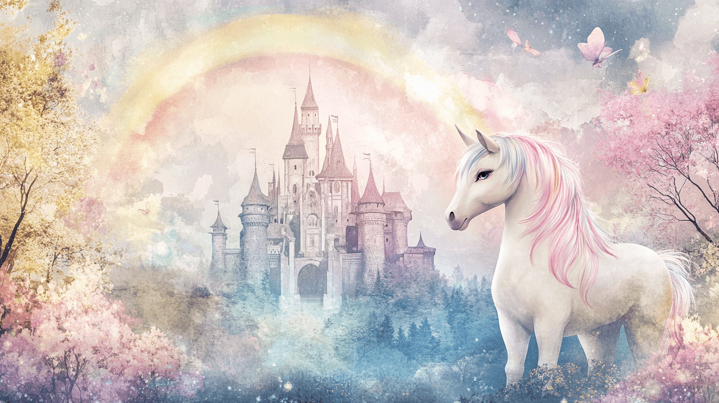Papier Peint Chambre Petite Fille Licorne Château Et Arc-En-Ciel