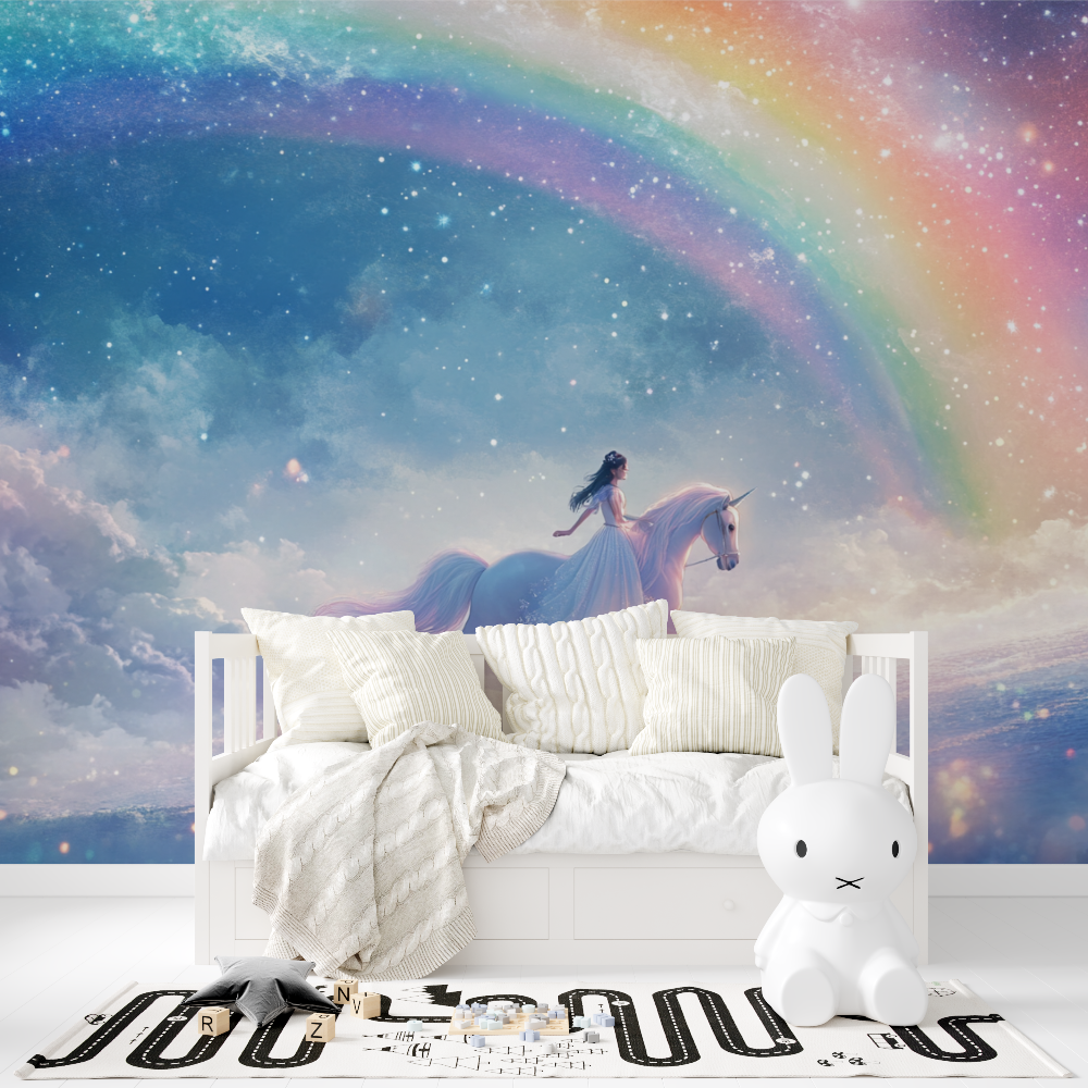 Papier peint licorne chevauchee tapisserie fille
