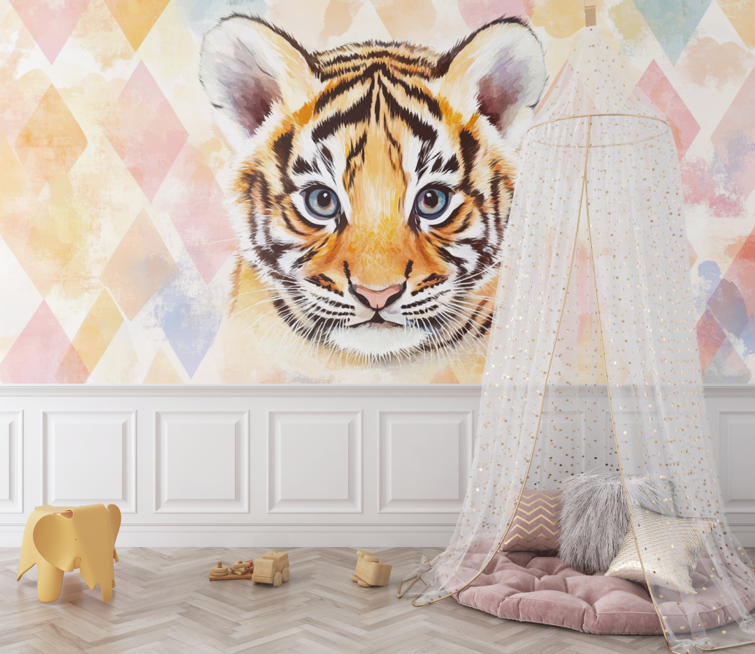 Papier peint tigre et motifs geometriques bebe