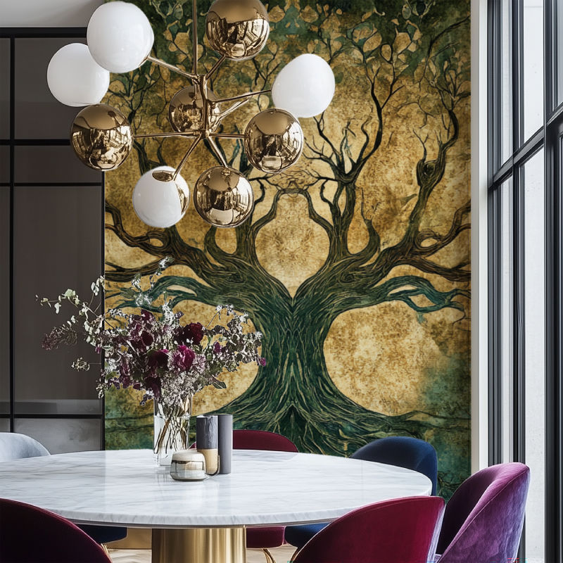 Papier peint arbre de vie salon chaise