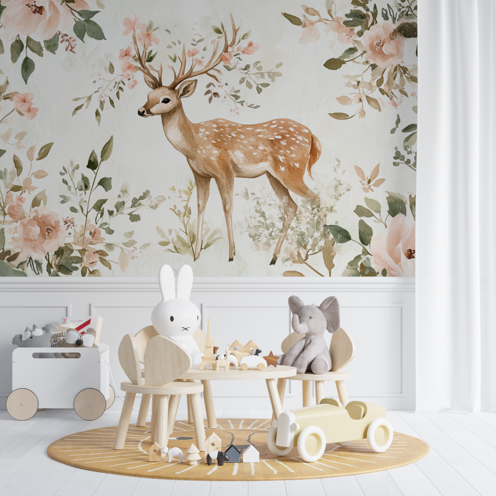 Papier peint motif cerf et fleur chambre de bebe