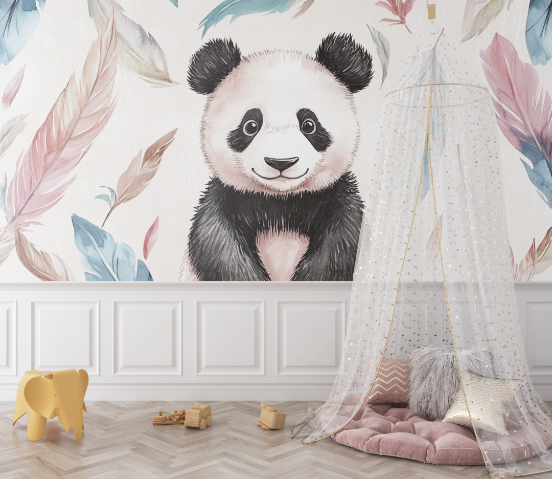 Papier peint panda et plumes bohemes bebe