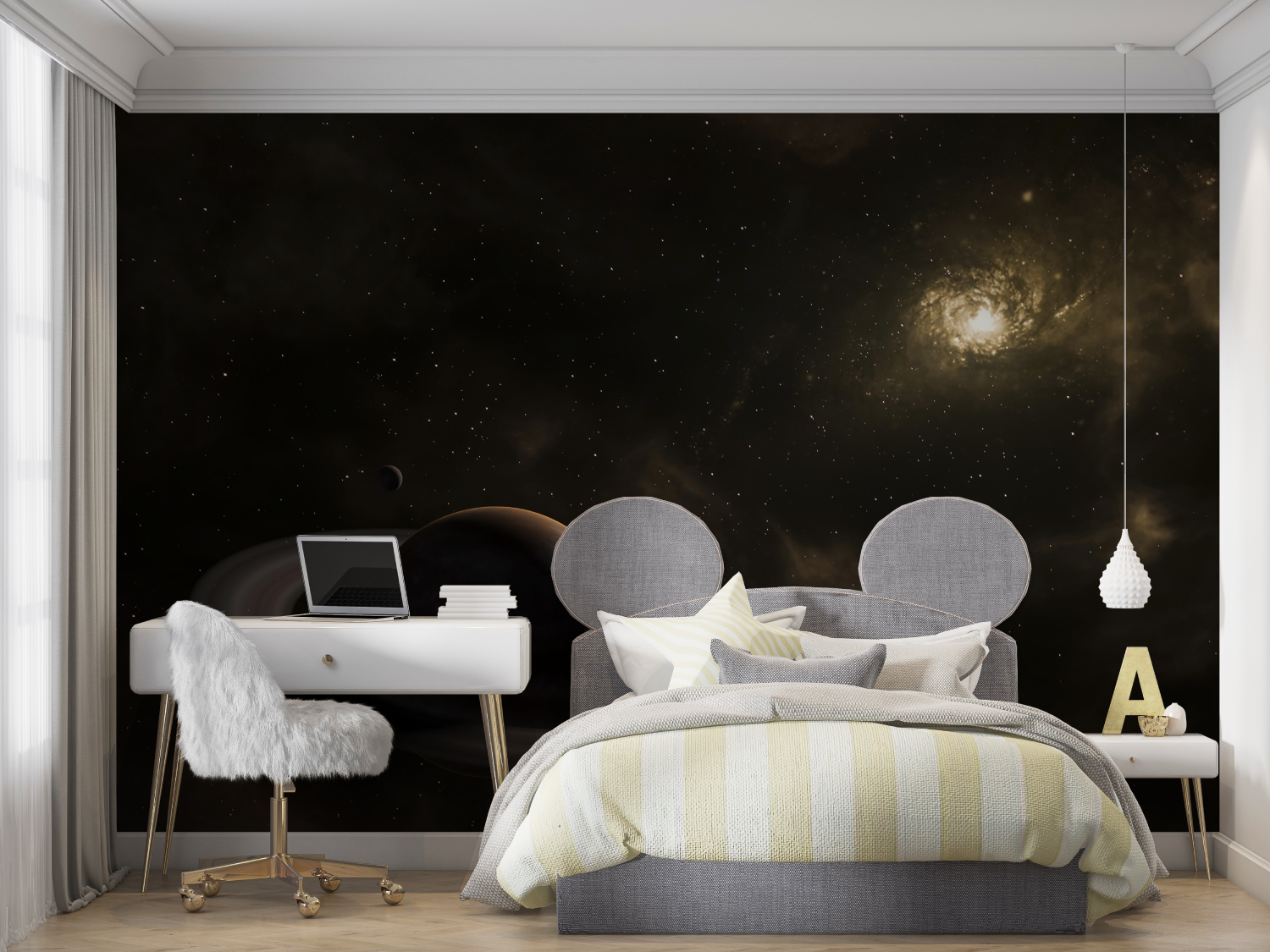 Papier peint espace lune saturne mur chambre panoramique