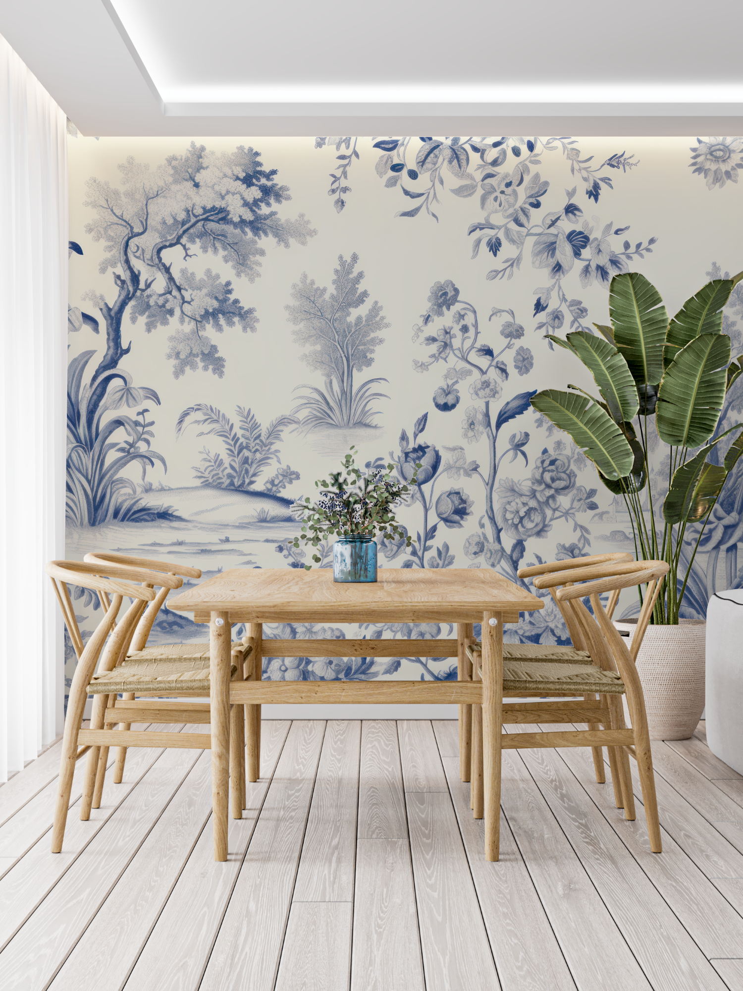 Papier Peint Toile De Jouy Bleu - trompe l'oeil