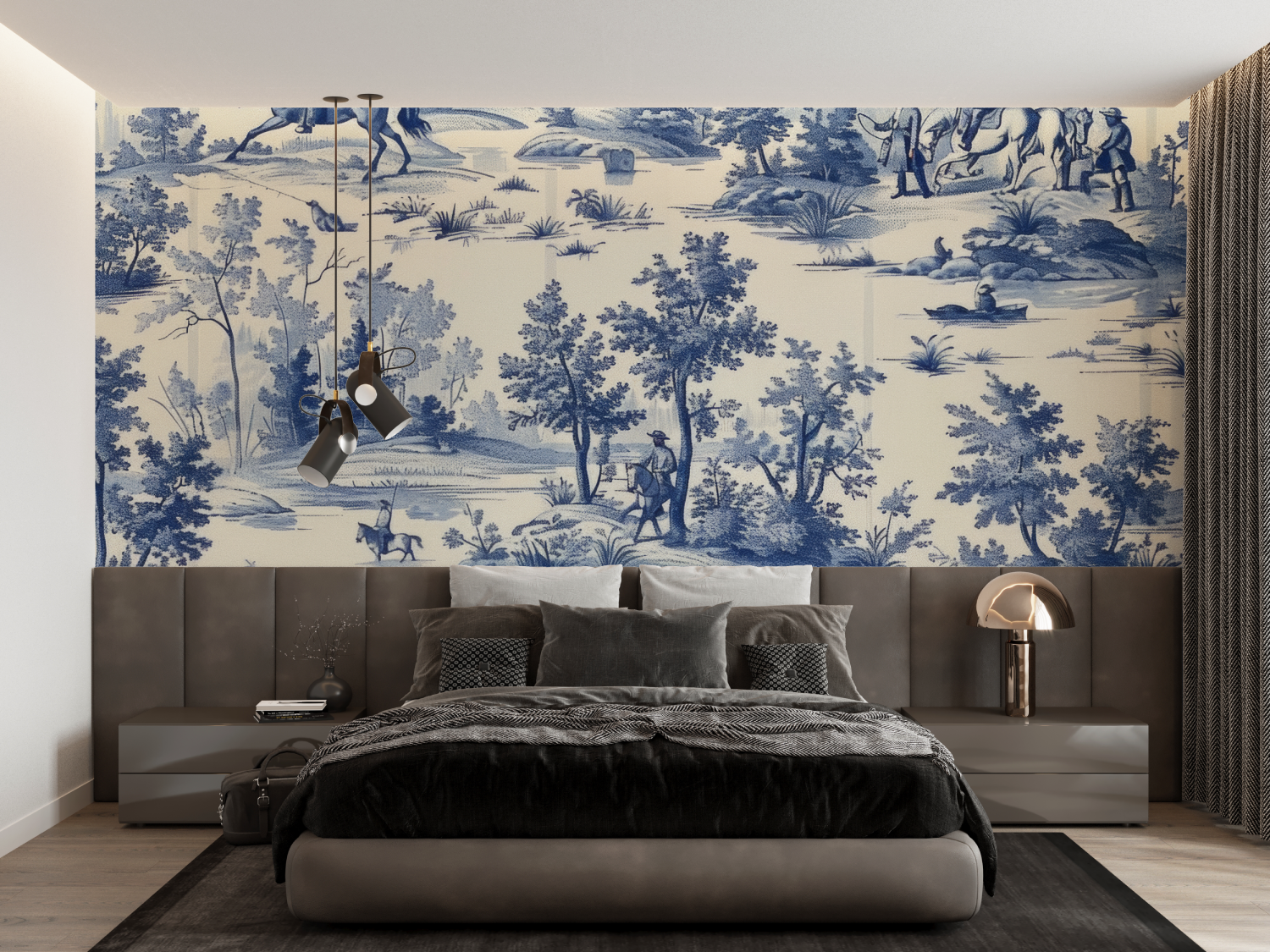 Papier Peint Toile De Jouy Dessin Bleu - francais