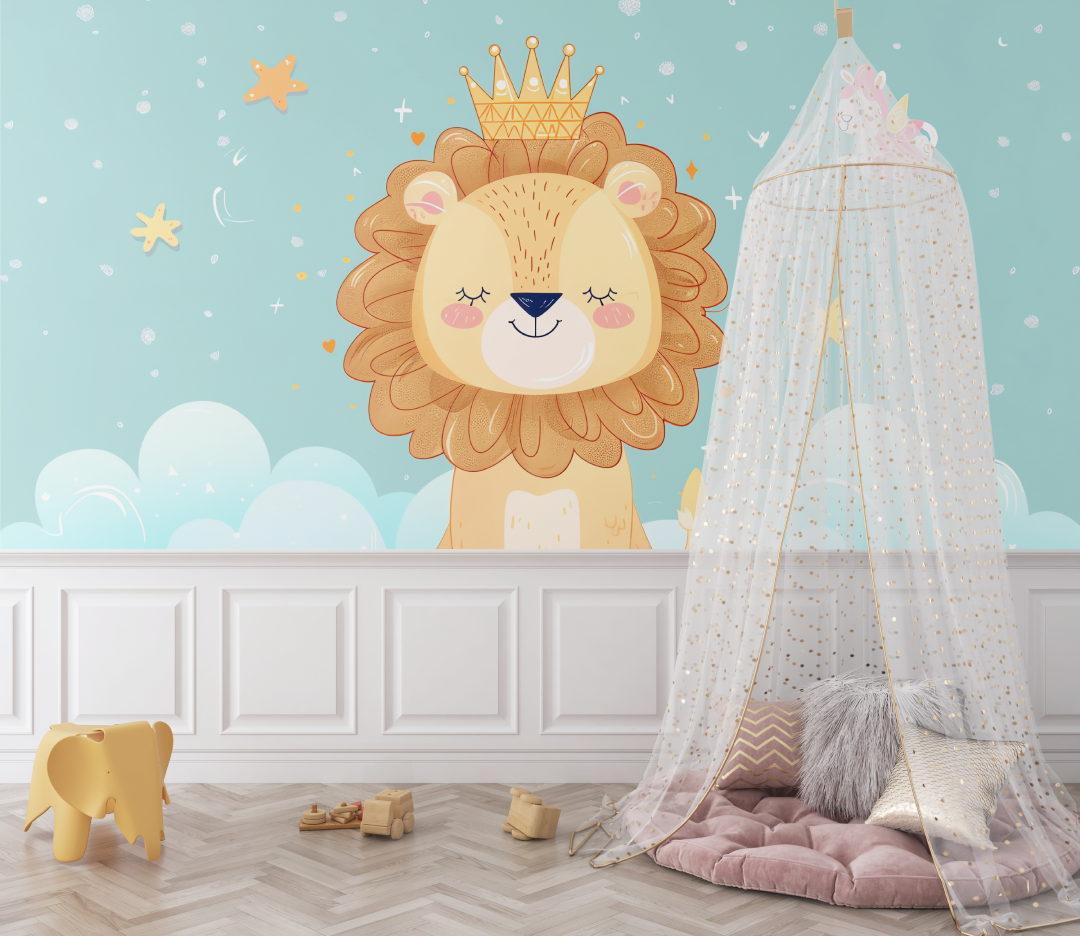 Papier peint lion bebe turquoise bebe