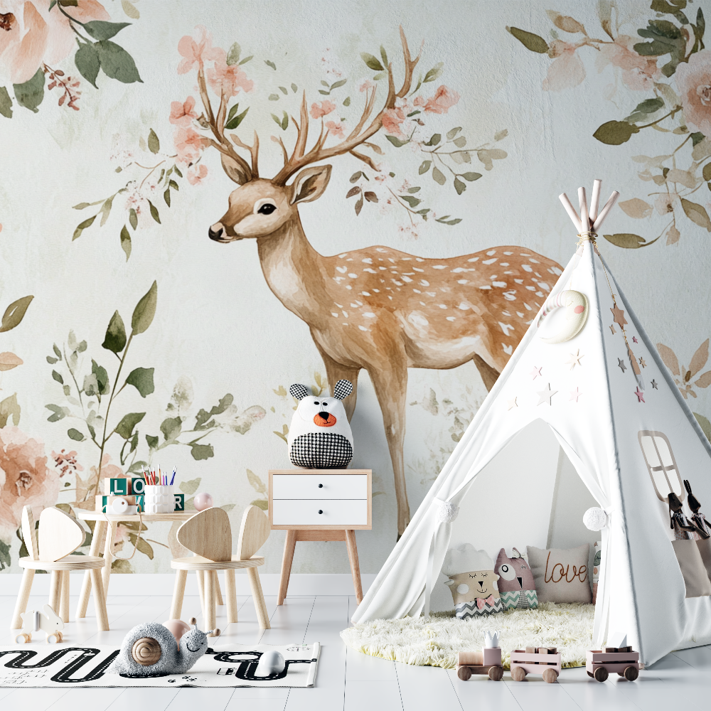 Papier peint motif cerf et fleur chambre bebe