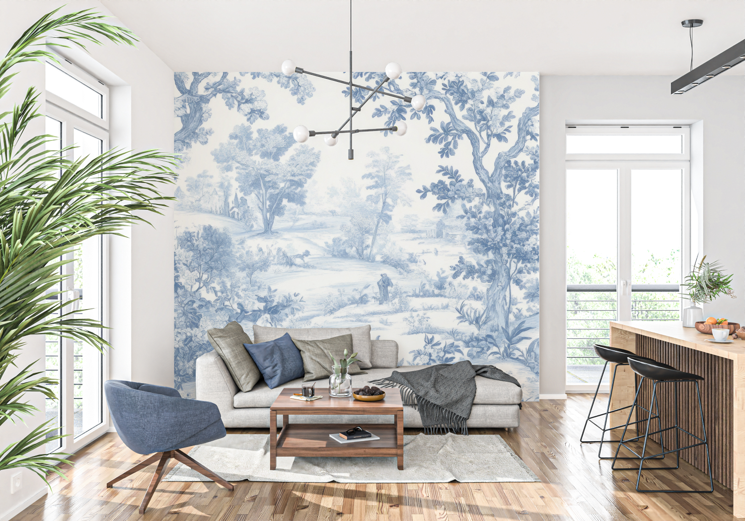 Papier Peint Toile De Jouy Foret Bleu - trompe l'oeil