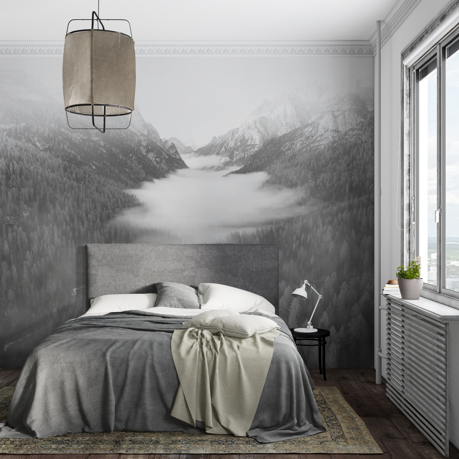 Papier peint aquarelle brume et montagnes mural